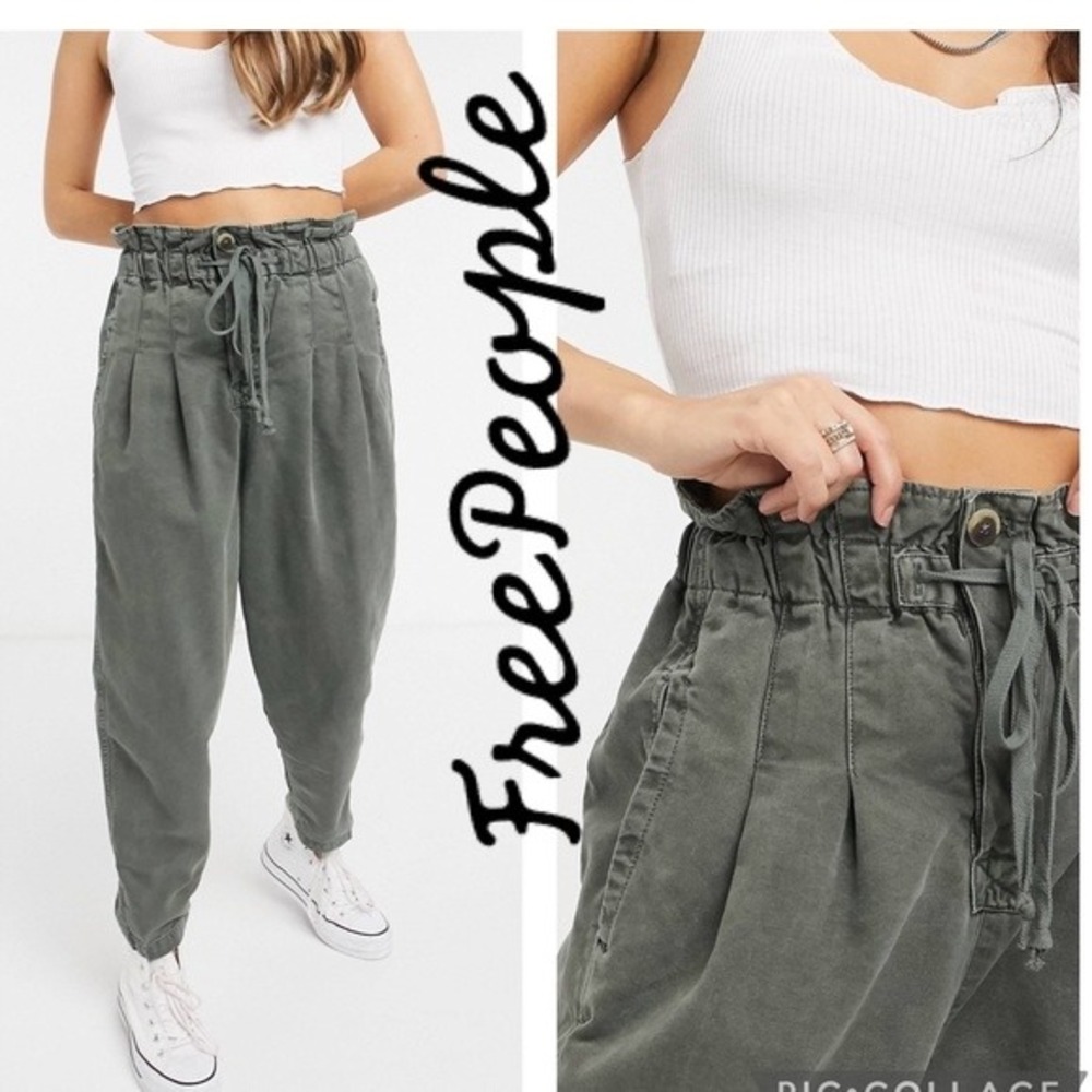 Free People Margate Pleated Trousers Green Paperbag Waist Pants Small